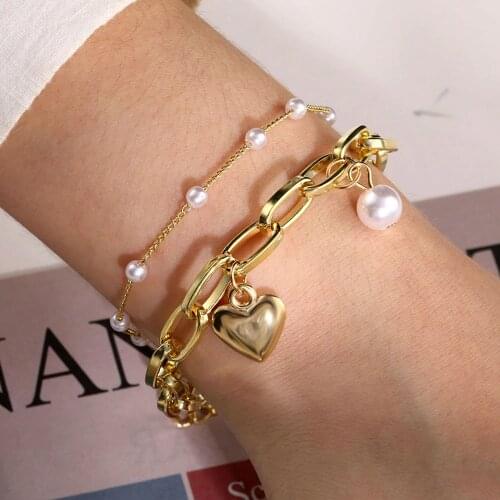 IPARAM Vintage Pearl Bracelet For Women Korean Female Heart Pearl Bangles Bracelet 2020 Charms Fashion Couple Pearl Jewelry