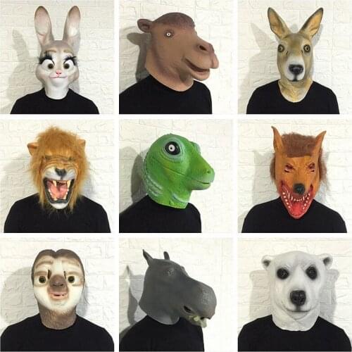 Crazy Animal City Cute Latex Mask Halloween Cosplay Costume Party Performance Horse Rabbit Leopard Cat Lion Full Head Props
