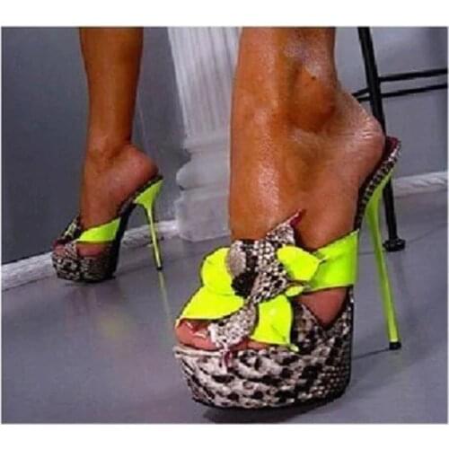 Summer 14.5 CM High Heel Snake Print Slippers Women Neon Yellow Mixed Colors Flower Sandals Ladies Peep Toes Platform Flip Flops