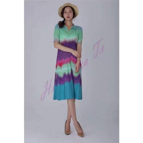 HOT SELLING Miyake fold dress of Gradient stripe turndown collar Straight dress IN STOCK