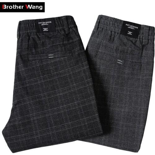 2019 New Mens Casual Plaid Pants Business Casual Slim Fit Dark Grey Classic Style Elastic Trousers Male Brand Clothes