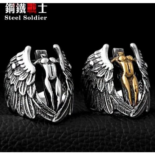 Steel soldier Stainless Steel Mans Jewelry Winged Feather Angle Ring Cool Vintage