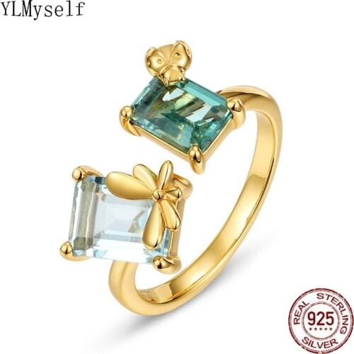 Real Solid 925 Silver Ring Cute Animal Design With Green Topaz Crystal Free Adjustable Size Lovely Gold Color Fine Jewelry