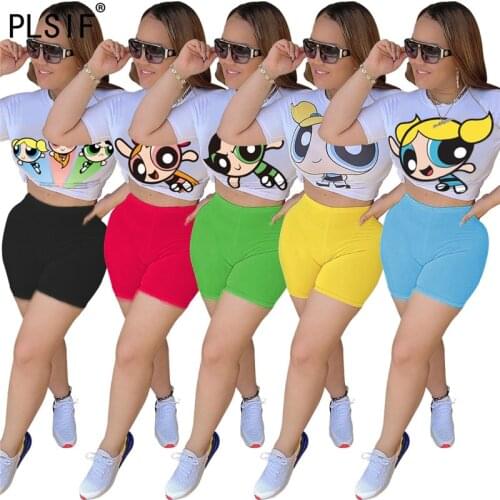 New design women summer suit cartoon pattern white tees + tight shorts 2 piece set lovely fashion sports set