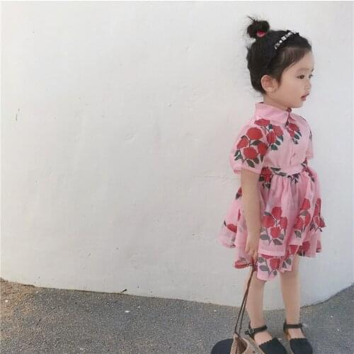 Girl Waist Flower Princess Dress 2019 Summer Children Short Sleeve Blouse Dress for 3-8 Years Old Kids Sweet Dresses Clothing