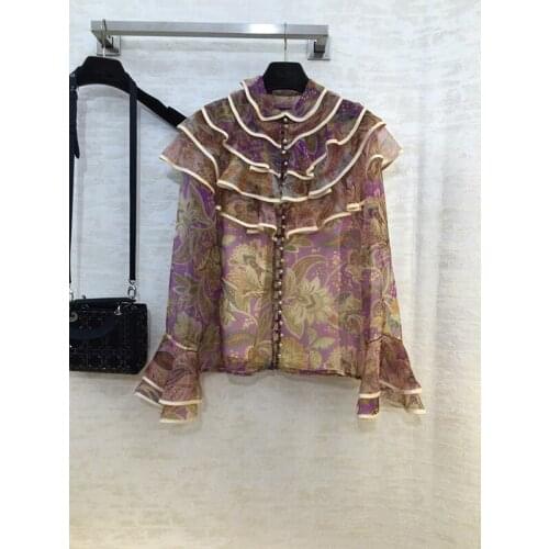 End 11.21 Quality High 100% Silk Shirt Women Fashion Vintage Print Cascading Ruffle Flare Sleeve Blouse