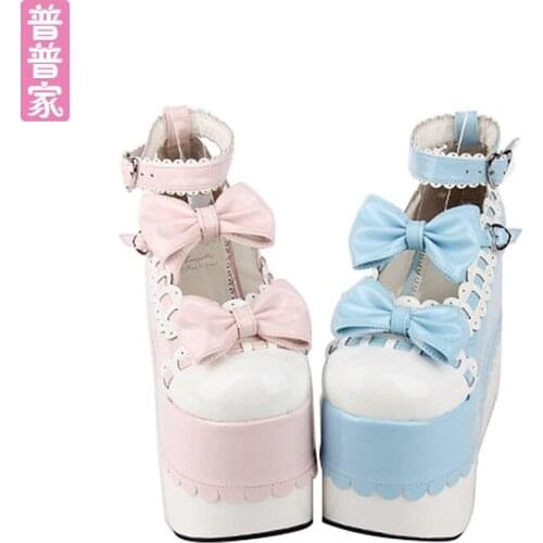 Princess sweet lolita shoes Japanese spring and autumn COS cartoon round head LOLITA shoes Princess bow muffin women pu9896