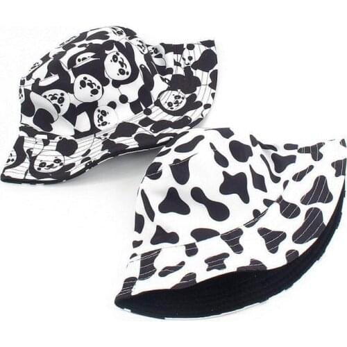 Women Cute Cow Panda Print Outdoor Double Sided Reversible Bucket Cap Sun Hat