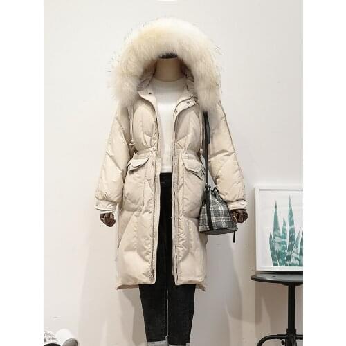 Womens jacket with hood, white goose down, winter long warm down coat, raccoon fur collar, doudoune femme hiver ayy0007