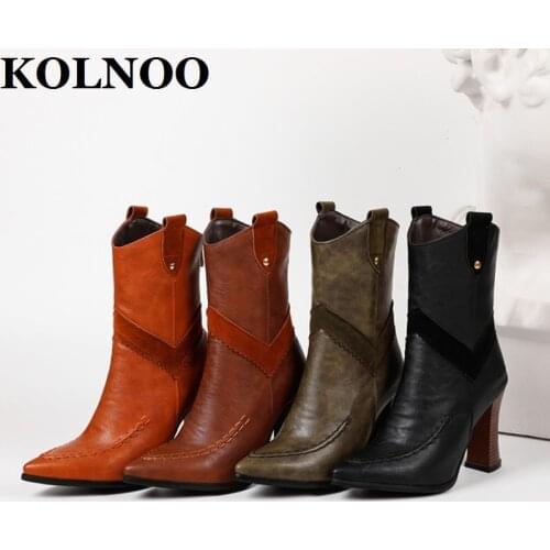 KOLNOO New Handmade Ladies Chunky Heels Boots Vintage Style Pointed-Toe Martin Booties Evening Club Large Fashion Winter Shoes