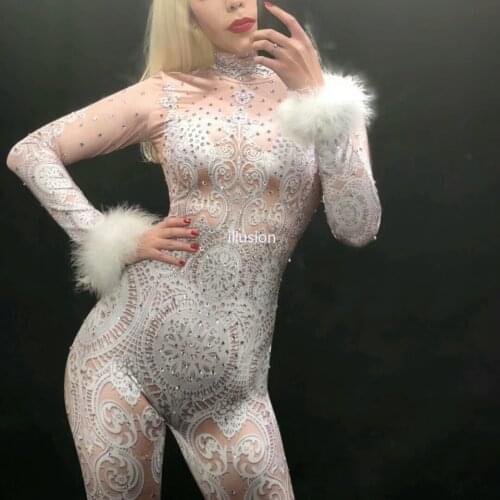 Sexy White Lace Rhinestones Feathers Bodysuit Female Singer Stage Jumpsuit Celebrate Party Costume Glisten Stretch Nude Outfits