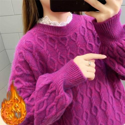 2021 Winter Spring Lace Pullover Sweater Women Stitching Round Neck Loose Fit Warm Base Sweet Female Knitted Sweaters Y301