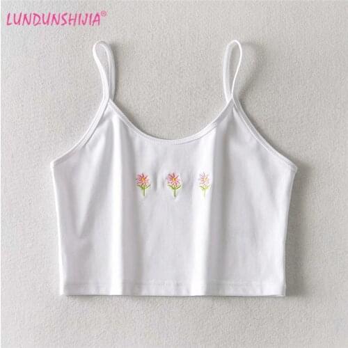 LUNDUNSHIJIA 2020 Summer White Cotton Camisole Sexy Women Crop Top Streetwear Trendy Butterfly Flowers Embroidery Basic Tops