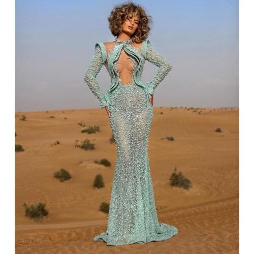 Sexy Vestido De Fiesta High Collar Beaded Pearls Long Sleeve Mermaid Lace Sheer Back Mint Blue Evening Dresses