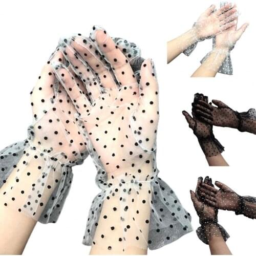 1 Pair Transparent Gloves Short Tulle Dot Print Black White Mesh Tulle Design Lace Female wedding Mittens Dancing Dress Glove