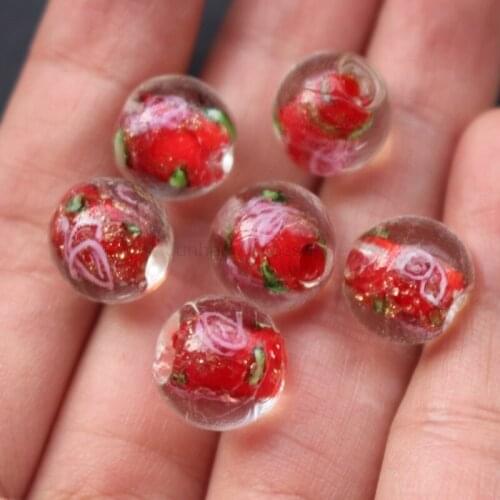 20Pieces/Lot 12mm Handmade Lampwork Glass Beads Flower Beads With Leaf Red color with shinning dust jewelry making