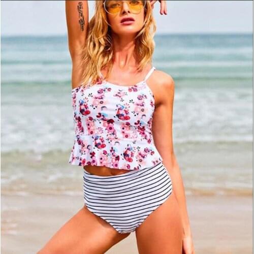 2021 Women Ruched High Waist Bikini Ruffle Plus Size Swimwear Summer Swimsuit Floral Striped Beach Bathing Suit Bikini Mujer