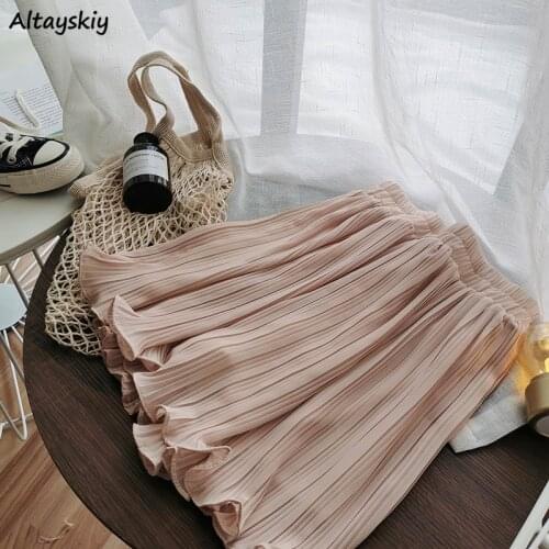 Skirts Womens Basic 3 Colors Trendy High Elastic Waist Simple Lovely All-match Students Summer Casual Folds Female Korean Style