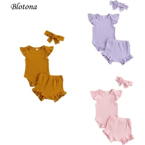 Blotona 3Pcs Newborn Summer Outfits, Baby Girls Solid Color Ribbed O-Neck Fly Sleeve Romper + Ruffle Shorts + Headband, 0-18M