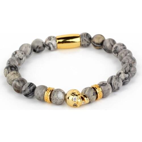 Skull Beads Bracelet New Women Charm Bracelets & Bangles Men Jewelry Gift Inlay Zircon White Gray Stone Pulseras BR058
