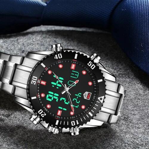 Top Brand Luxury TVG Men Watch Stainless Steel Dual Display Quartz Watches Fashion Men Sport Watch 100M Waterproof Dive Watches