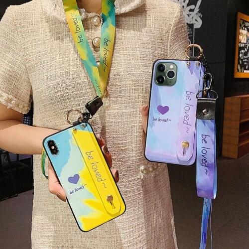 Neck Wrist Strap Lanyard Case For iphone 11 12 Pro XR X Xs Max SE 7 8 plus 12 mini Gradient Color Soft TPU Phone Holder Cases