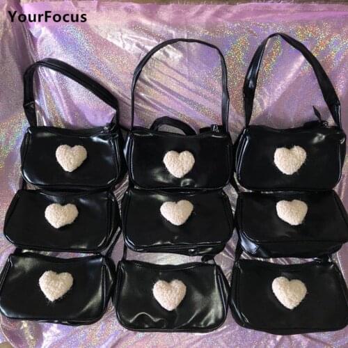 Gothic Rock Punk Bags Kawaii Hairy Heart PU Leather Soft Baguette Bag Handbag Black Harajuku Mini Underarm Bag Axillary Pouch