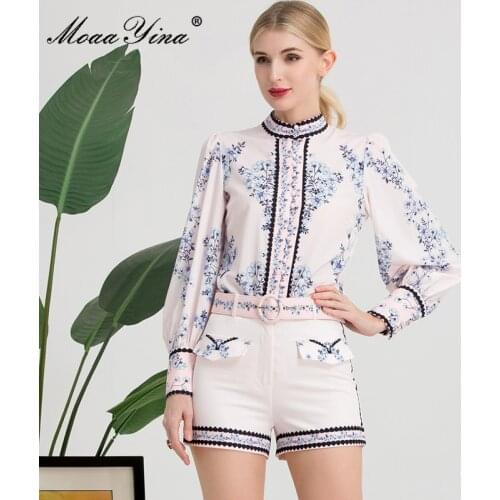 MoaaYina Fashion Designer Autumn Shorts Suit Womens Stand Collar Lantern sleeve Flower print Blouse and Shorts 2 Tw Pieces Set