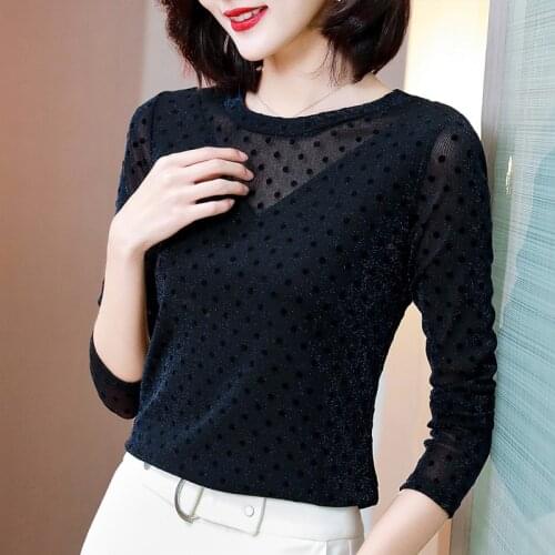 Fashion Sexy Mesh Long sleeve DotsT Shirt Women summer Club Party Tee Shirts Sexy Thin O Neck Tops
