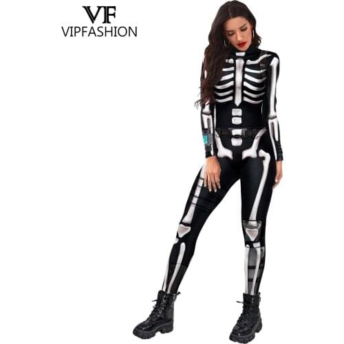 VIP FASHION 3D Skeleton Had Cosplay Costumes Jumpsuit Halloween Fancy Romper For Women Lady Men Bodysuits