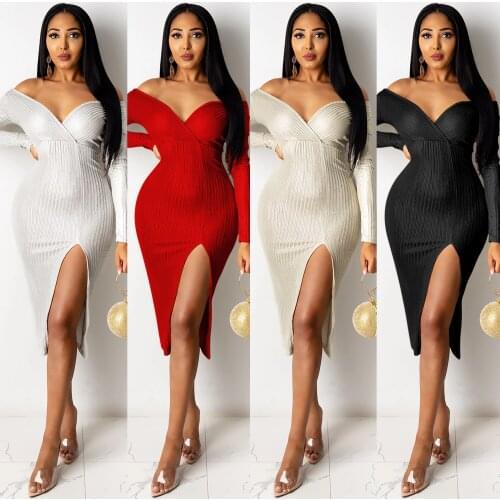 Fashion Knit Sexy Exposed V Off-the-shoulder Womens Dress Birthday Dress Long Dresses Party Wedding Plus Size Bridesmaid Dress