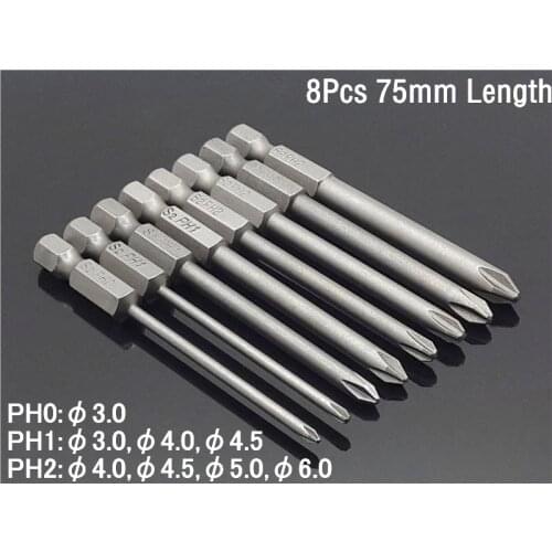 8Pcs 75mm Long Magnetic Hex Cross Head Screwdriver Bits Electric Screwdriver Set S2 PH0,PH1,PH2