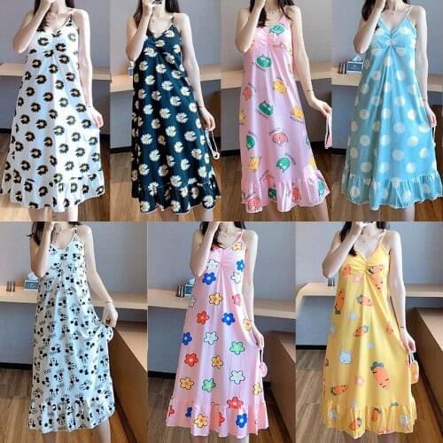 Nightdress Womens Summer Sling Sexy Nightgown & Sleepstirts with Chest Pad Long Knee Length Home Wear Sexy Nightwear Sleepwear