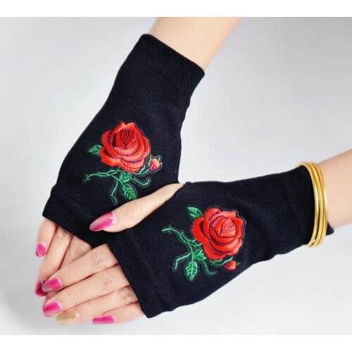 New Rhinestone Rose Flowers Fingerless Gloves Women Sparkling Knitted Girl Boy Black Wool Half Finger Computer Mitts Warm