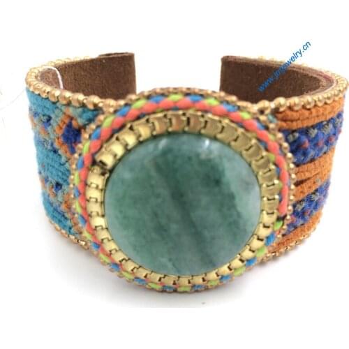 New European Jewelry Suppliers handmade leather weaving bracelet Phosphorus stone wide bracelet for women