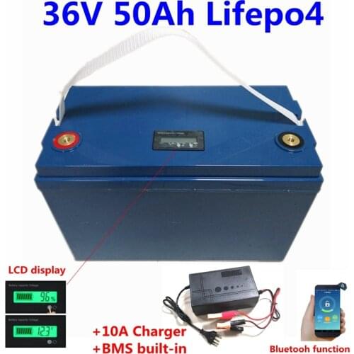 Rechargeable 2000 Deep Cycles 36V 50Ah Lifepo4 Lithium Batteries pack with bms for RV /Camper/car or Boat/inverter +10A Charger
