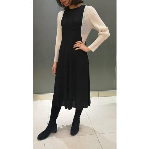 HOT SELLING Miyake Fold patchwork o-neck long sleeve Pleated A-Line dress IN STOCK