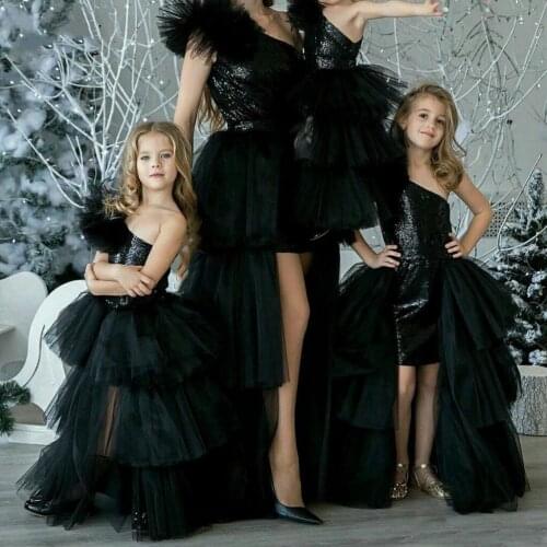 Black mother daughter birthday party prom dress one shoulder mom and girls black sequin high low celebration dress ball gowns