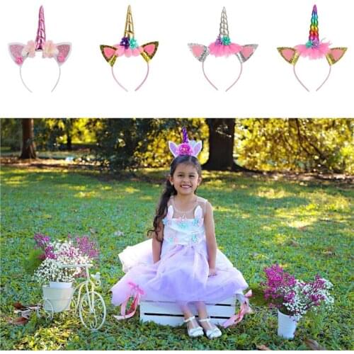 Unicorn Horn Headband Decor With Silk Sash Paper Plate Cup Baby Shower Girl 1st One Year Birthday Party Decoration Unicorn Party