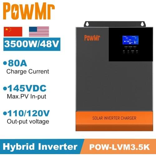 PowMr MPPT 80A 48V 3500W AC 110V 120V Solar Charger Inversor PV Max 145Vdc Pure Sine Wave 50Hz 60Hz 40A Battery Hybrid Inverter