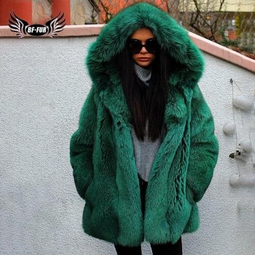 Luxury Green Natural Real Fox Fur Coat With Big Hood Thick Warm Winter Genuine Blue Fox Fur Jacket For Women Fur Coats Plus Size
