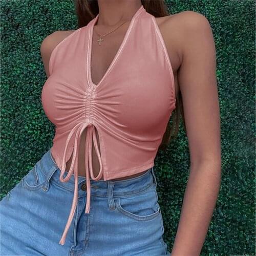 Sexy V Neck Cropped Tank Tops Women Drawstring Tie Up Front Camis Streetwear Slim Fit Solid Crop Top 2021 Y2k e girl clothes