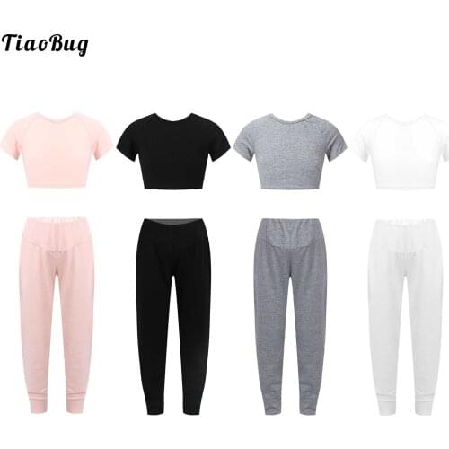 2Pcs Kids Girls Pure Color Sport Suit Round Neck Short Sleeve Active Workout Running Gym Yoga Sports Crop Top And Pants Sets