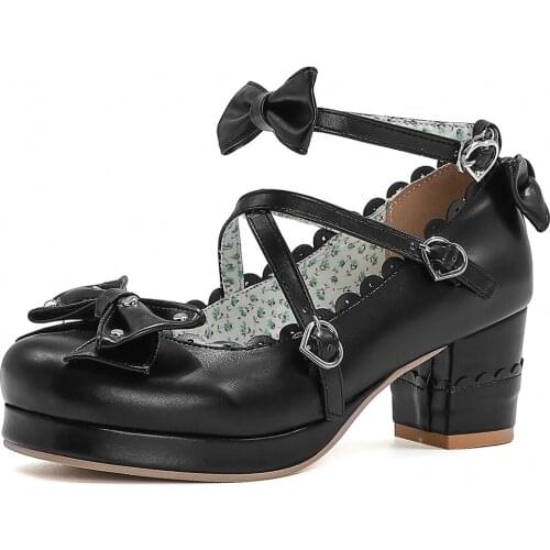 2021 Lolita Sweet Girls Buckles Bow Knot Cute Mary Janes Lovely Platform Shoes Woman Chunky Heels Pumps PlusSize 48