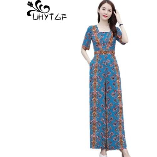 UHYTGF 2021 Fashion Female Jumpsuit Suit Printing Short-Sleeved Wide-Leg Pants Thin Summer Jumpsuit Women Combinaison Femme 2141