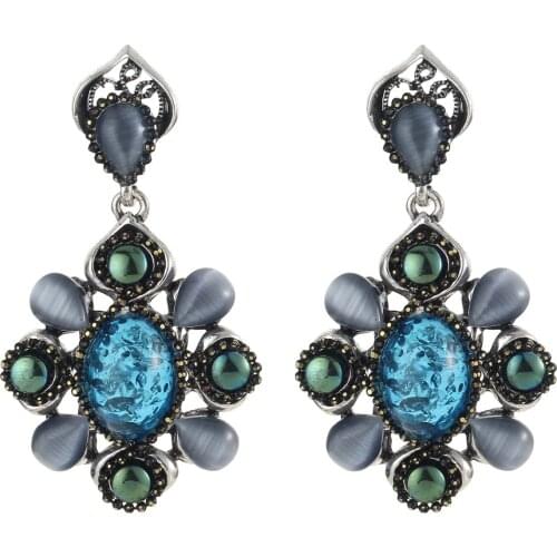 YaYi Jewelry Fashion BOHO Blue Glass Crystal Rhinestone Dangle Women Ancient Gold Color Wear Ear Band Long Tassel Earrings