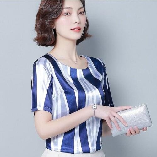 2021 Summer Middle Aaged Women Flower Print Casual Faux Silk Blouse Tops Female Fashion Short Sleeve Plus Size 4xl Shirt X130