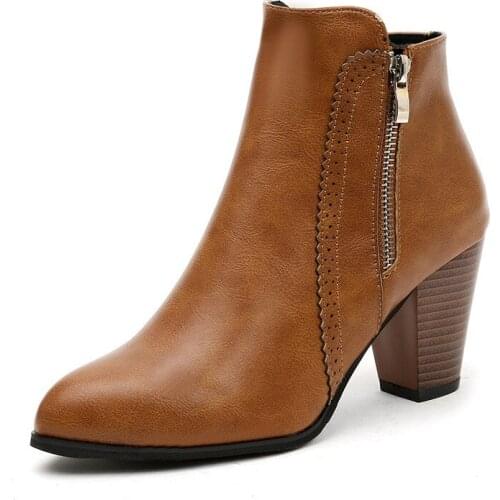 Women Ankle Boots Fashion PU leather Boots High heel 8cm Ladies shoes Side Zipper Short Boots for Women Shoes Drop ship Sizes 43