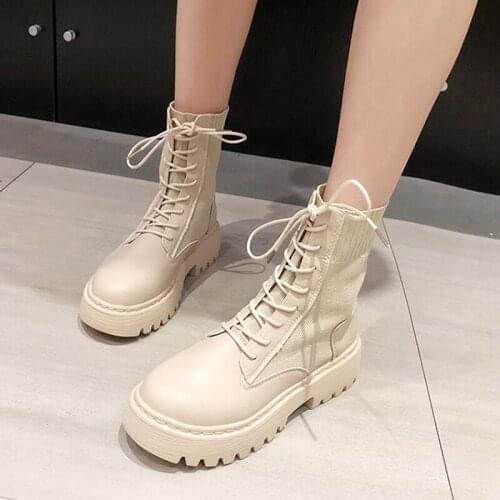 Women Mid Calf Boots Woman British Style Boots Lace Up Autumn Winter PU Leather Warm Shoes Womens Thick Bottom Shoes Plus Size