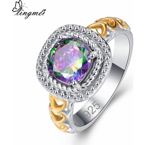 Lingmei New Princess Gold Heart Design MultiSea Blue CZ Silver ColorRing Size 6-9 Wedding Women Jewelry Lover